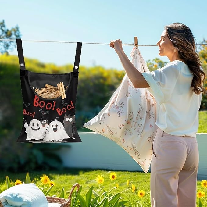 Cute Ghost Clothespin Bag Laundry Hanging Storage Organizer with Rope Clothespin Holder with an Extra Large Opening for Clothesline Outdoor Clothespin Storage with Hanger Hook