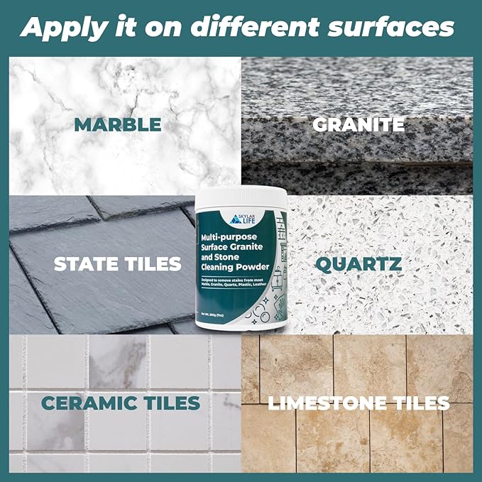 Skylarlife Multi-purpose Surface Stone Cleaning Powder (200g) to remove rust stain, yellowing, oil stains, from most marble, granite, quartz, concrete, countertop and other non-porous surface, remove adhesive spots and stains from boat and plastic and ...