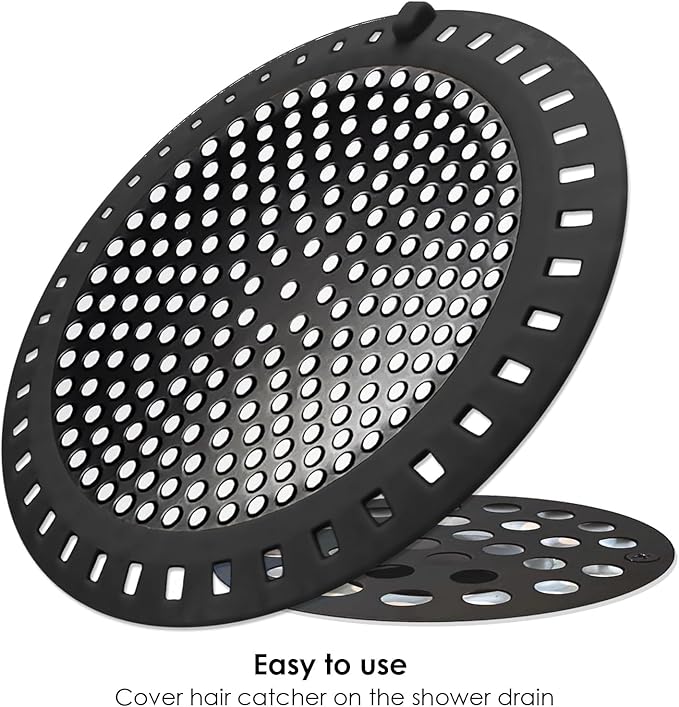 2PCS Shower Hair Drain Catcher/Strainer/Cover/Filter/Trap, Hair Stopper Floor Drain, Stainless Steel with Silicone Edge Drain Protector, Black, 4.75 Inch Diameter
