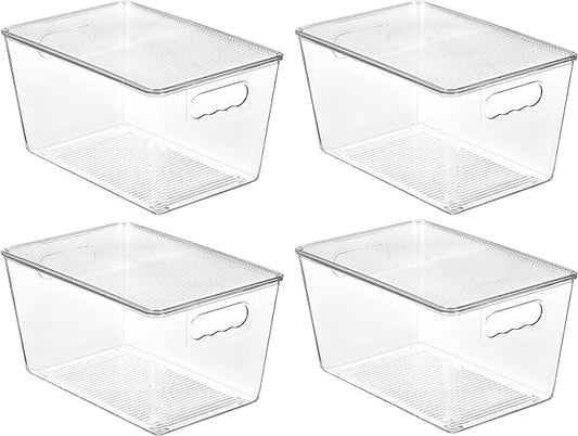 Vtopmart 4 Pack Clear Stackable Storage Bins with Lids, Large Plastic Containers with Handle for Pantry Organizer and Storage,Perfect for Kitchen,Fridge,Cabinet, Closet,Bathroom Organization