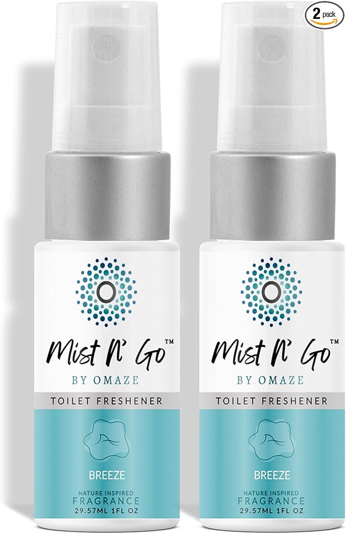 Mist N’ Go by Omaze Travel Bathroom Spray for Toilet Spray Odor Eliminator - Travel Toilet Spray for Bathroom Air Freshener Spray for Bathroom Deodorizer - Breeze Travel Size (1oz x2)