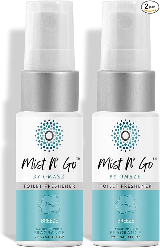 Mist N’ Go by Omaze Travel Bathroom Spray for Toilet Spray Odor Eliminator - Travel Toilet Spray for Bathroom Air Freshener Spray for Bathroom Deodorizer - Breeze Travel Size (1oz x2)