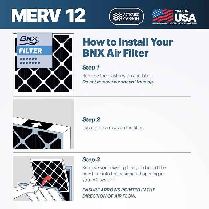 BNX TruFilter 20x20x1 MERV 12 Odor Defense (2-Pack) AC Furnace Air Filter with Activated Carbon - MADE IN USA - Pleated Air Conditioner HVAC AC Furnace Filters - Removes Odor, Mold, Bacteria, Smoke