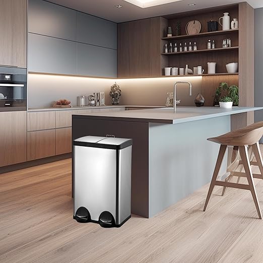 Dual Trash Can, 60 Liter/16 Gallon Dual Bin Trash Can with Lids, Trash and Recycling Bin Combo, Hands-Free Stainless Steel Kitchen Garbage Can, Silver Recycling Waste Bin for Home, Office