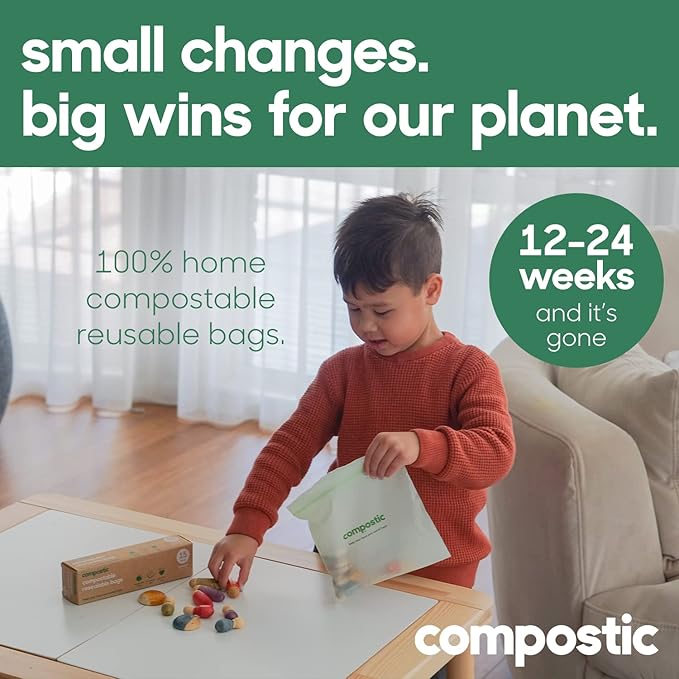 Compostic Home Compostable Resealable Gallon Bags (10.5"x10.5"), Microwave & Freezer Safe, Organic Food Storage Container, 30 Count (Pack of 2)