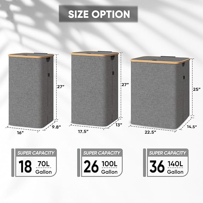 BALEINE Laundry Hamper with Lid, Tall Laundry Baskets with Bamboo Pull Handles, Large Laundry Bin with Internal Support (18 Gal/70L, Blue)