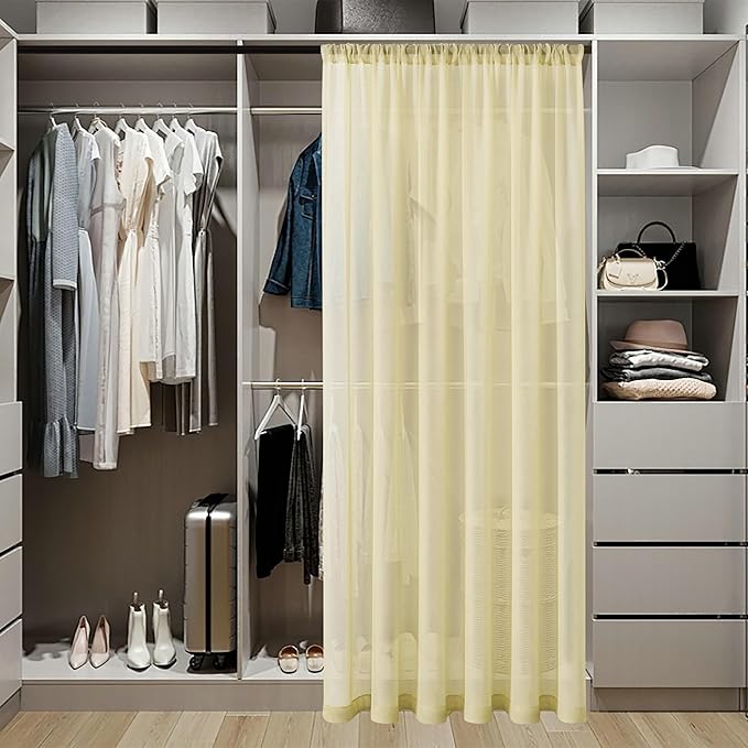 Tollpiz Sheer Door Curtains Closet Linen Textured Curtains Sheer Doorway Light Filtering Voile Rod French Door Pocket Curtain Patio Door, 25 x 72 inches Long, Transparent Yellow, Set of 1 Panel