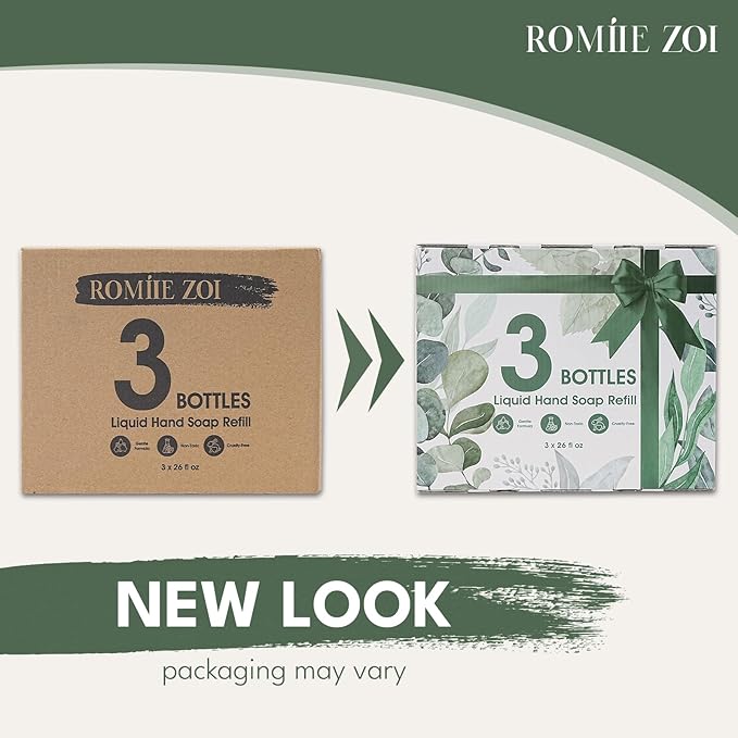 ROMIIE ZOI Eucalyptus & Mint Liquid Hand Soap Refill, Gentle & Moisturizing Formula, Natural Cruelty-Free Soap, Large 750 ML Bottles Bulk for Kitchen, Bathroom, and Dispensers (26 FL OZ, Pack of 3)