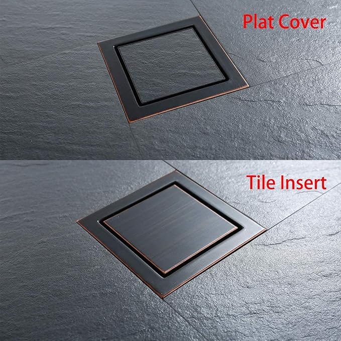 RANDOM Oil Rubbed Bronze Shower Drain Square 6 inch with Adjustable PVC Base Flange,SUS304 Stainless Steel Shower Floor Drain Kit with Tile Insert Shower Drain Cover and Hair Strainer