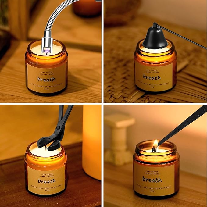 5 in 1 Candle Accessory Set,Candle Wick Trimmer Cutter,Candle Wick Dipper,Candle Wick Snuffer,Rechargeable Candle Lighter,Tweezers,Stainless Steel Candle Care Kit Home Gift for Aromatherapy(Black)