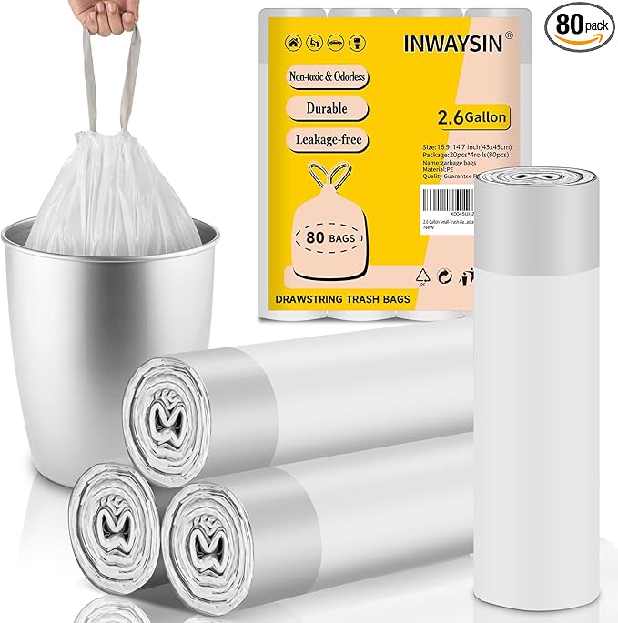 2.6 Gallon Small-Trash-Bags Plastic Drawstring Garbage-Bag - Mini Tiny White Unscented 80 Count For Bathroom Car Can Restroom Office Liners Waste Basket Strong Bulk Inwaysin