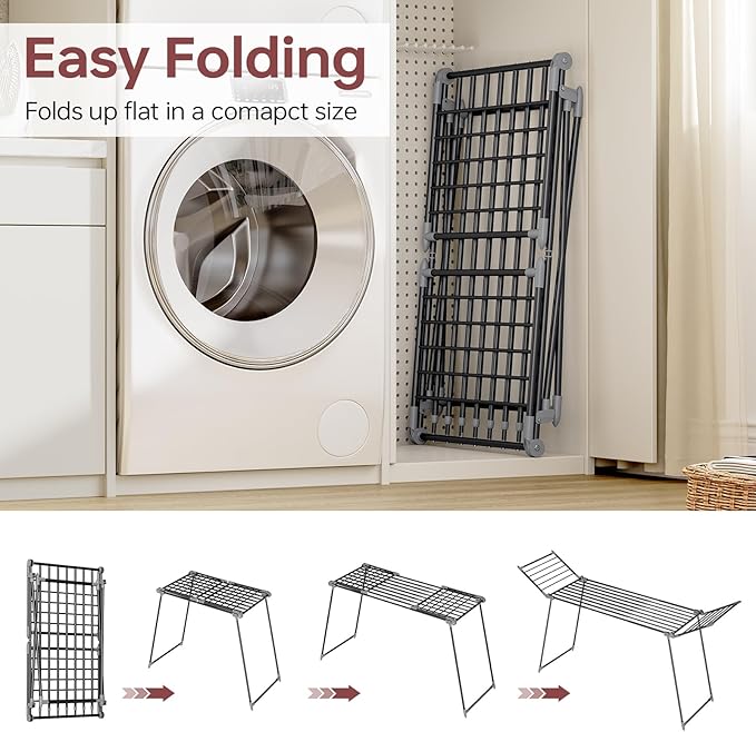 APEXCHASER Clothes Drying Rack Foldable, Large Drying Rack for Clothing Retractable, Winged Laundry Rack Folding Indoor Outdoor, Metal Clothes Airer for Bedding Towel Sweater Heavy Duty, Black