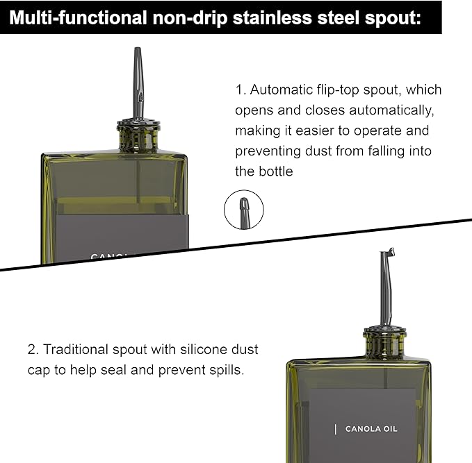 Olive Oil Dispenser for Kitchen, 16.9 oz/ 500 ml Olive Oil Dispenser Bottle, Glass Oil Bottles for Kitchen with 4 Stainless Steel Pourers, 40 Labels, 2 Pcs, Green