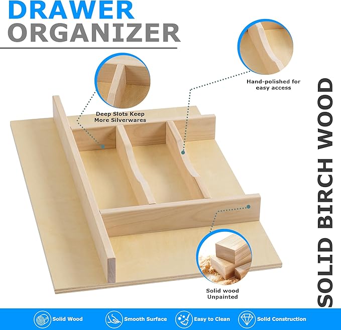 WelFurGeer Premium Wooden Silverware Organizer for Kitchen Drawers, Utensil Tray for Kitchen Drawer, Cutlery Drawer Organizer for Forks, Spoons, Knives - Sturdy Birchwood, Natural Finish