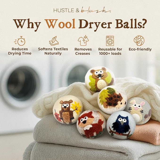 Fluff Ewes Wool Dryer Balls 6 Pack Premium New Zealand Wool Laundry Balls for Dryer, No Static Dryer Balls Laundry Reusable, XL Hedgehog Dryer Balls, Baby Dryer Balls for Dryers - Hedgehog and Homies