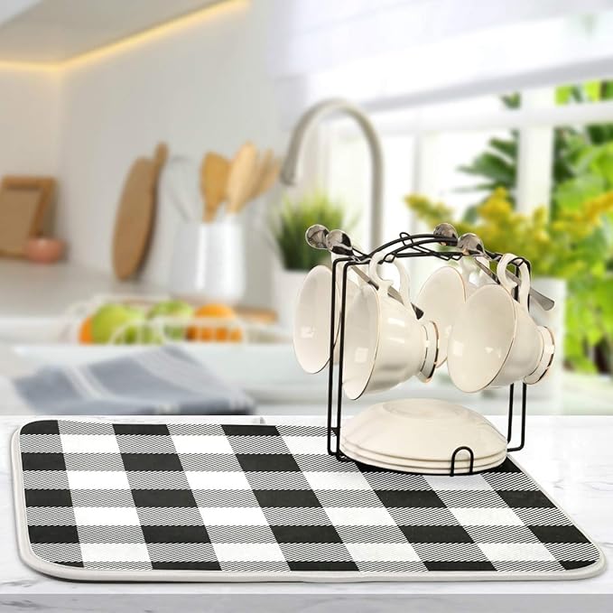 White and Black Buffalo Plaid Dish Drying Mat 16x18 for Kitchen Classic Buffalo Check Dishes Pad Dish Drainer Rack Mats Absorbent Fast Dry Kitchen Accessories