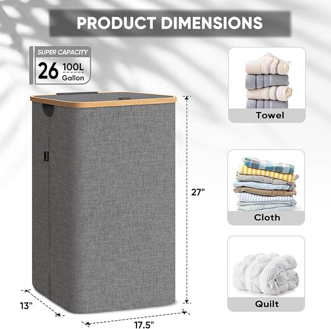 BALEINE Laundry Hamper with Lid, Tall Laundry Baskets with Bamboo Pull Handles, Large Laundry Bin with Internal Support (26 Gal/100L, Green)