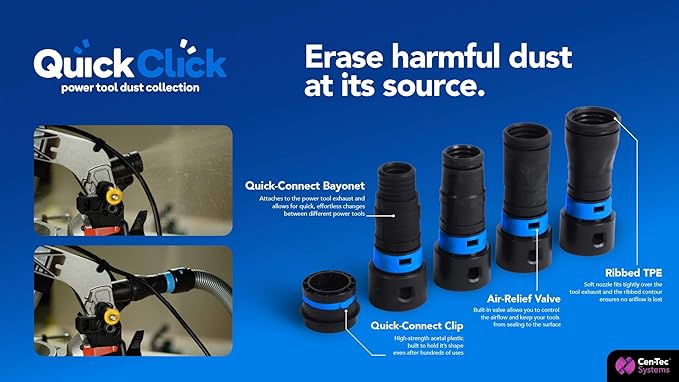 Cen-Tec Systems 94731 Quick Click 30 Ft. Hose for Home and Shop Vacuums with Expanded Multi-Brand Power Tool Adapter Set for Dust Collection