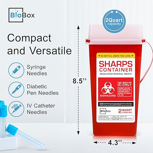 Sharps Container Large - Sharps Containers for Home Use and Labs - Portable Needle Disposal and Travel Size Biohazard Bin - 2 Quart (Pack of 3)
