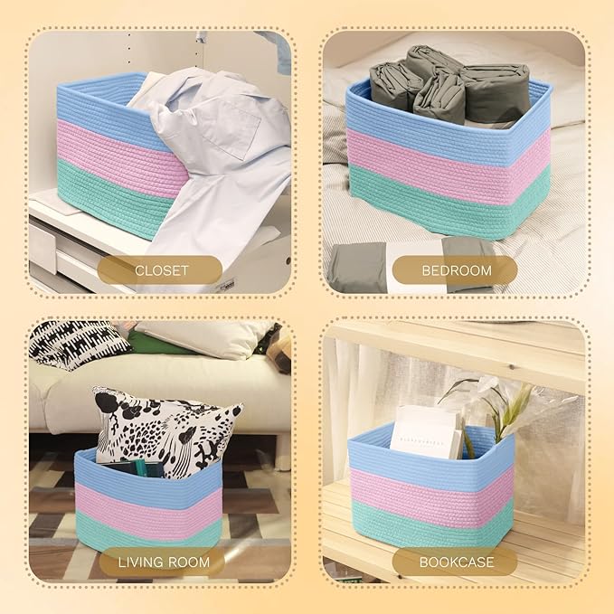 Hopegiver Woven Storage Baskets 15x11x10 Inch, 1 Pack Collapsible Cube Storage Bin for Shelves - Foldable Cotton Rope Organizer Bins for Towels, Toys, Books, Closet, Nursery (Blue Pink Green)