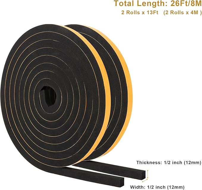 Weather Stripping Soundproof, 1/2 in x 1/2 in High Density Foam Insulation Tapes, Weatherproof Seal Strip Weatherstrips for Windows Sliding Doors, 2 Rolls Total 26Ft