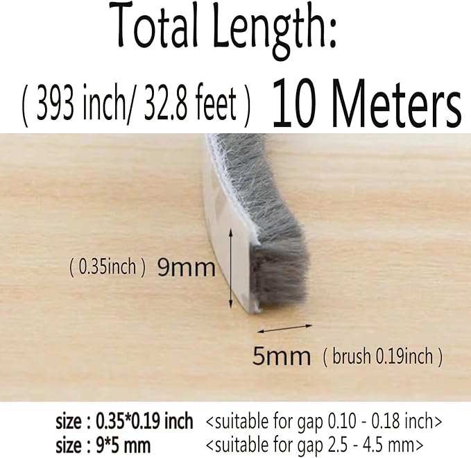 Weather Stripping Brush for Sliding Windows/Doors Frame Side,Pile Self Adhesive Weatherstrip Seal Strip Sealer Draft Stoppers (33ft x11/32 Backing x 3/16 Brush inch, Grey)