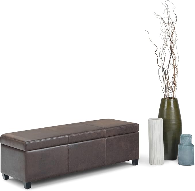 SIMPLIHOME Avalon 48 inch Wide Contemporary Rectangle Storage Ottoman Bench in Distressed Brown Vegan Faux Leather, Assembled, for the Living Room, Entryway and Family Room