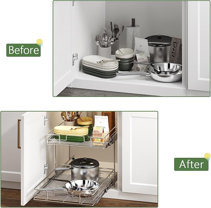2 Tier Individual Pull Out Cabinet Organizer 22½" W x 21½" D, Heavy Duty Cabinet Pull Out Shelves, Slide Out Drawers Organization for Kitchen Cabinets Bathroom