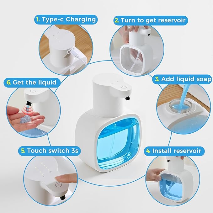 Automatic Liquid Soap Dispenser, 17oz/500ml Touchless Rechargeable with 4-Level Adjustable & IPX5 Waterproof - Level Display for Wall/Tabletop Use in Bathroom, Kitchen, White