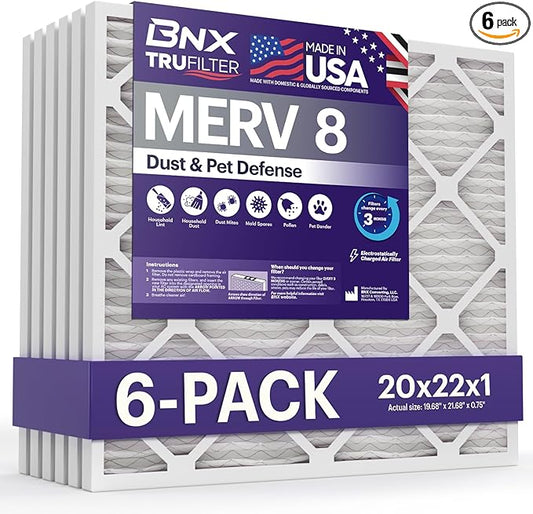 BNX TruFilter 20x22x1 Air Filter MERV 8 (6-Pack) - MADE IN USA – Dust & Pet Defense Electrostatic Pleated Air Conditioner HVAC AC Furnace Filters for Dust, Pet, Mold, Pollen MPR 600 – 700 & FPR 5