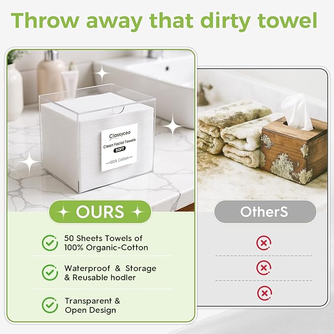 50 PCS Disposable Face Towel Holder, Acrylic Cosmetic Container for Clean Skin Club, XL Clean Towel Makeup Remover Wipes Waterproof Box for Dresser Countertop, Bathroom Storage(Includes Cotton Cloth)
