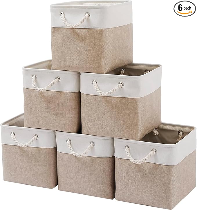 Mangata Canvas Storage Boxes, 9.8 Inch Cube Storage Bins Set of 6 for 10 Inch Cabinets, Fabric Baskets with Cotton Rope Handle for Organizing Clothes Nursery Home (Khaki/White)