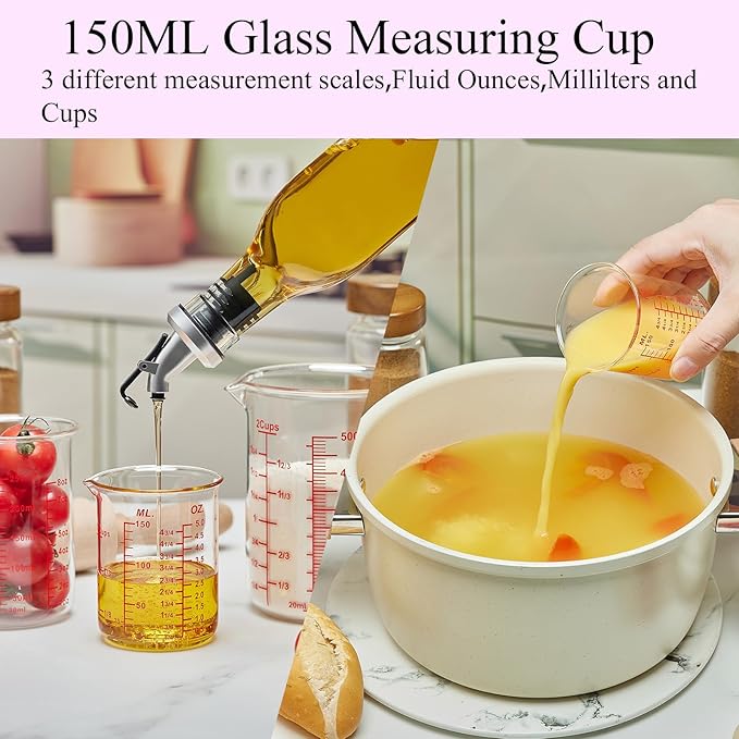 3 Piece Glass Measuring Cup Set, Includes 1/2-Cup, 1-Cup, and 2-Cup High Borosilicate Glasss Liquid Measuring Cups, Dishwasher, Freezer, Microwave, and Preheated Oven Safe, Essential Kitchen Tools