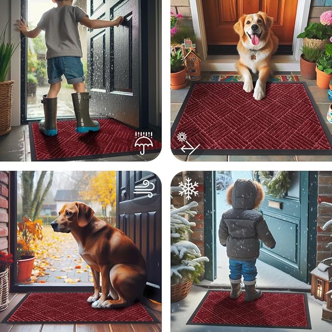Smiry Front Door Mat Outside Entrance, Heavy Duty Outdoor Indoor Natural Rubber Doormat, Non Slip, Trap Dirt and Moisture, Easy Clean, Low Profile Patio Porch Entryway Mat, 29.5x17, Wine Red