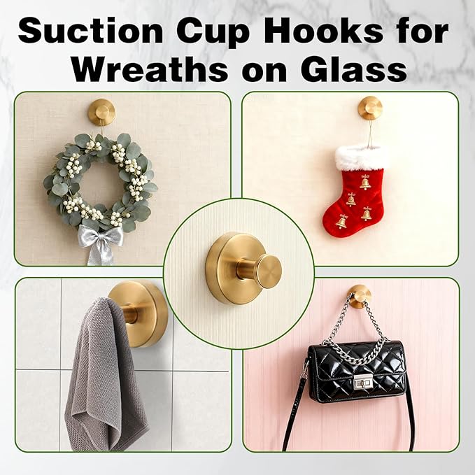 Suction Cup Hooks for Wreaths on Glass, 2025 New No Drill Suction Cup Hooks (4PCS-Gold)