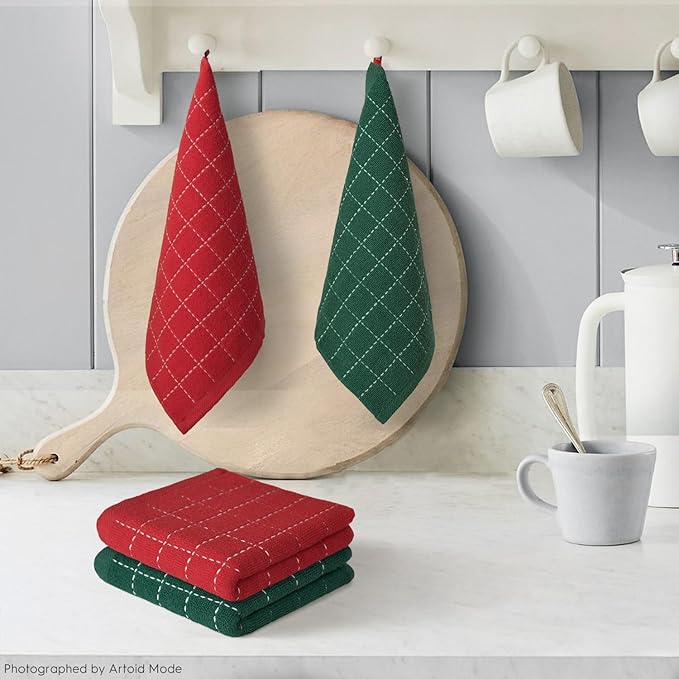Artoid Mode Checkered Designed Cotton Red Green Terry Kitchen Dish Cloths, 12x12 Inch Soft Absorbent Quick Drying Cleaning Kitchen Rags Set of 6