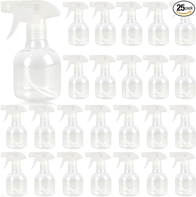25 Pcs Plastic Spray Bottles 8 oz Empty Clear Refillable Spray Bottles with Adjustable Trigger Sprayers from Fine to Stream for Cleaning Solutions Reusable for Plants Oils Hair