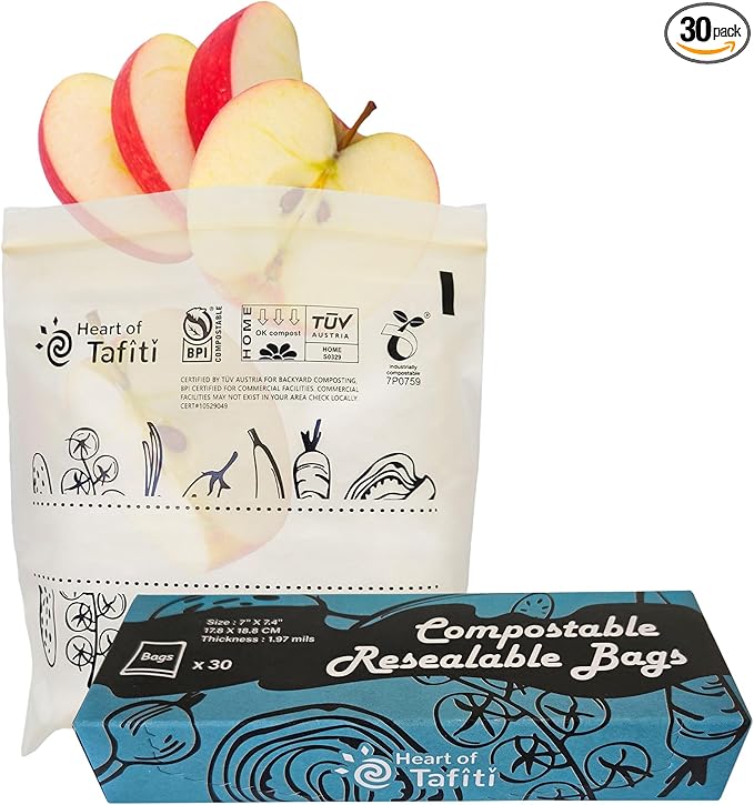 Compostable Food Storage Bags, Resealable Quart Bags, 30 Count, 7 x 7.4 inches, Extra Thick and Reusable, Eco-Friendly, Certified US BPI ASTM D6400 Europe OK Compost
