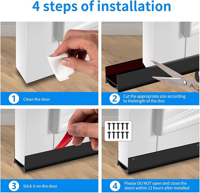 Door Draft Stopper, Strong Adhesive Door Sweep for Exterior and Interior Doors, 39” Length Cuttable Under Door Seal. (Black, 2 Pack)