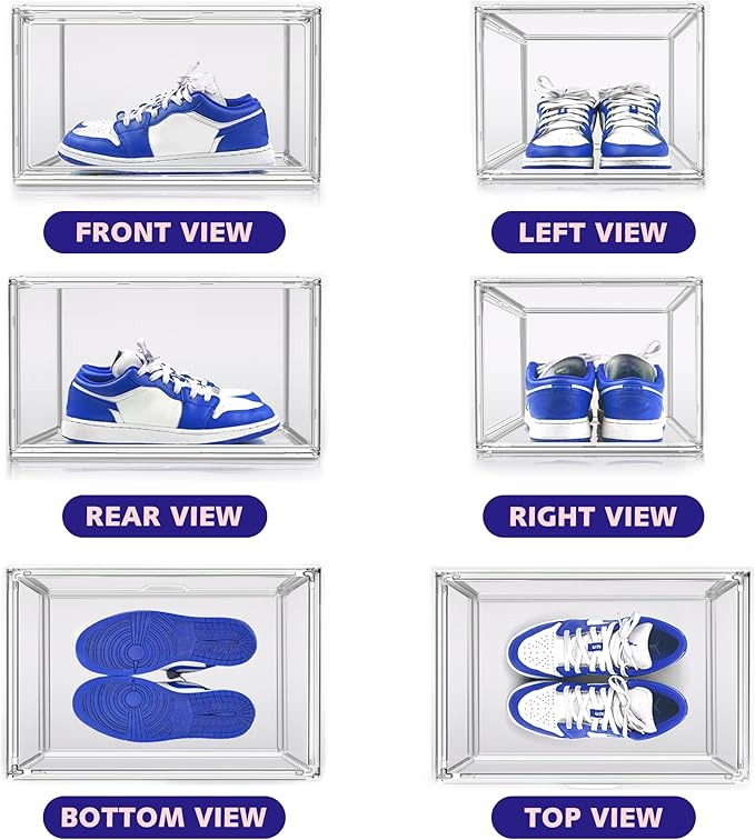 Shoe Storage 6 Pack, Acrylic Clear Shoe Storage Box Stackable Large Sneakers Display Case with Magnetic Door Hat Boxes Shoe Organizer for Closet, Fit up to US Size 13