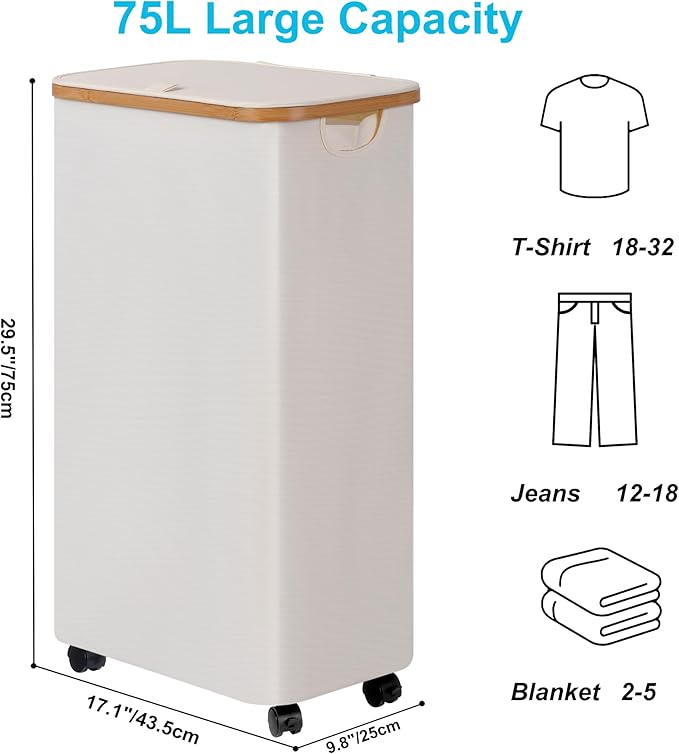 efluky Slim Laundry Basket with Wheels, Narrow Rolling Laundry Hamper with Lid and Removable Bag, Aesthetic Dirty Clothes Hamper on Wheels for Laundry Room, Bedroom, Dorm and Bathroom, 75L Beige