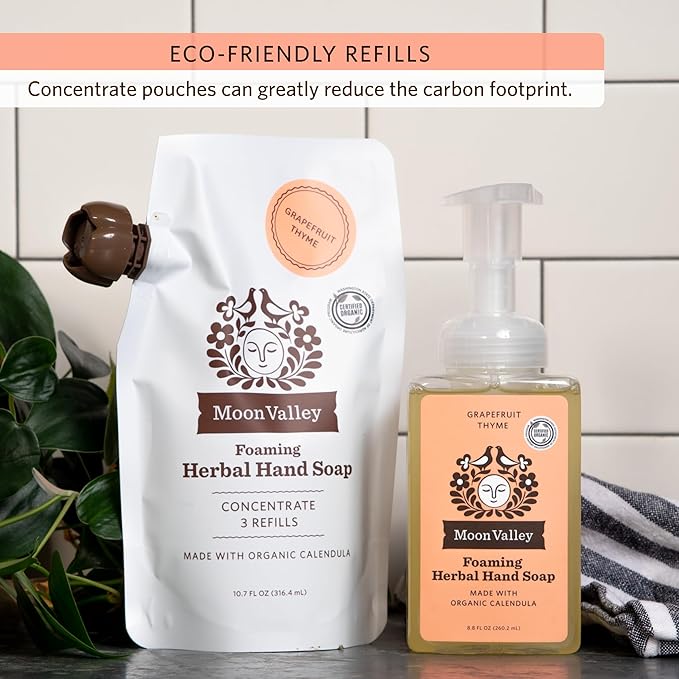 Moon Valley Foaming Hand Soap Refill Pouch, Two-Pack Grapefruit Thyme Soap, Vegan and Non-GMO, Environmentally Friendly Option