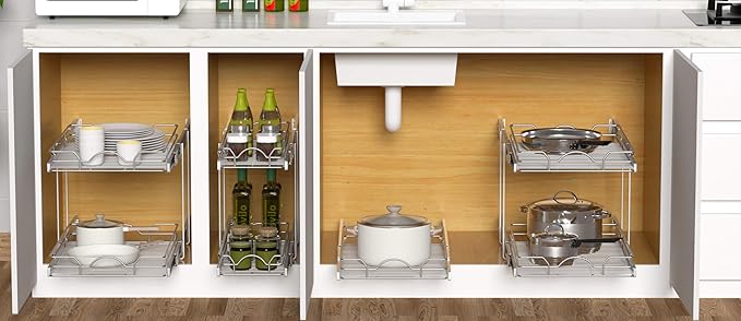 OCG 2 Tier Pull Out Cabinet Organizer (22.5" W x 21.5" D), Pull Out Drawers for Kitchen Cabinets, Pull Out Shelves for Base Cabinet Organization in Kitchen Bathroom Pantry, Chrome Finish