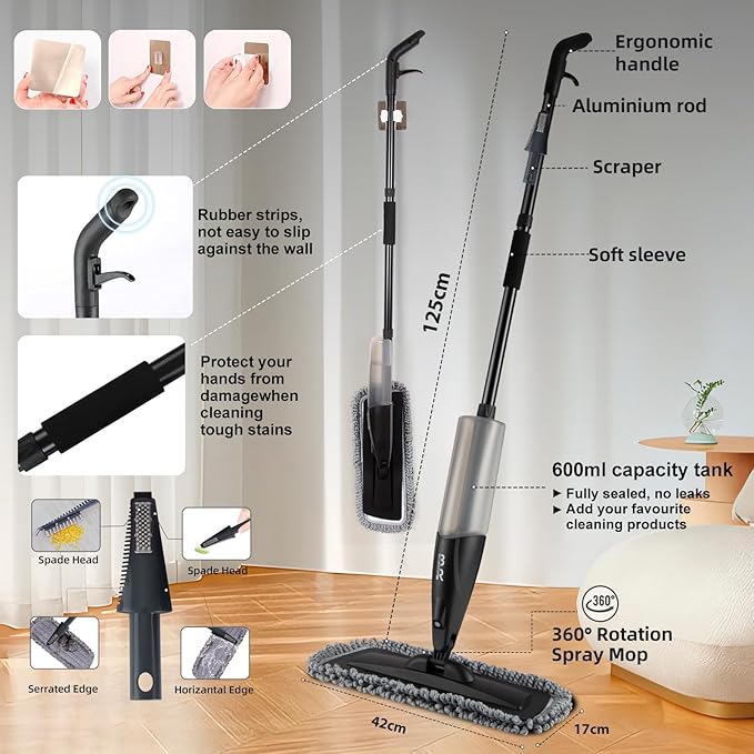 Microfiber Spray Mop for Floors Dry and Wet Mop with Dusting 360 Rotation for Kitchen, Hardwood, Laminate, Tile Floors Includes 3 Refill Heads, Scraper, Holder & Spray Bottle