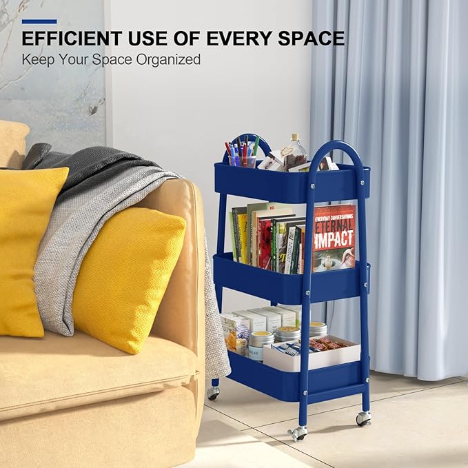 EAGMAK 3 Tier Utility Rolling Cart, Metal Storage Cart with Handle and Lockable Wheels, Multifunctional Storage Organizer Trolley with Mesh Baskets for Kitchen, Living Room, Office, Garage (Indigo)