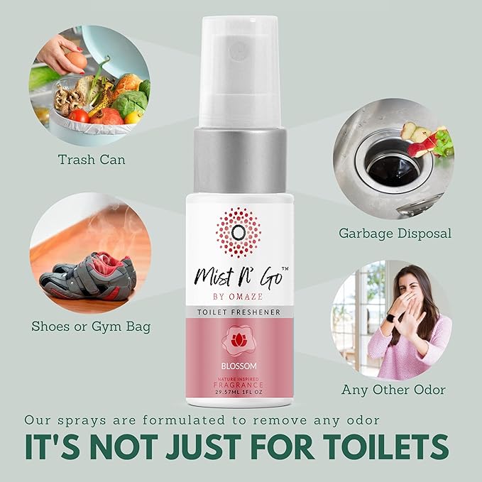 Mist N’ Go by Omaze Travel Bathroom Spray for Toilet Spray Odor Eliminator - Travel Toilet Spray for Bathroom Air Freshener Spray for Bathroom Deodorizer - Blossom Travel Size (1oz x2)