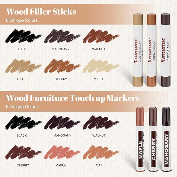 Wood Filler Sticks, 12 Colors Wood Wax Crayons Furniture Markers Touch Up for Repair Any Furniture Scratch, Scuffs, Cracks and Nail Holes on Wood Furniture, Floors, Doors, Cabinets, Tables