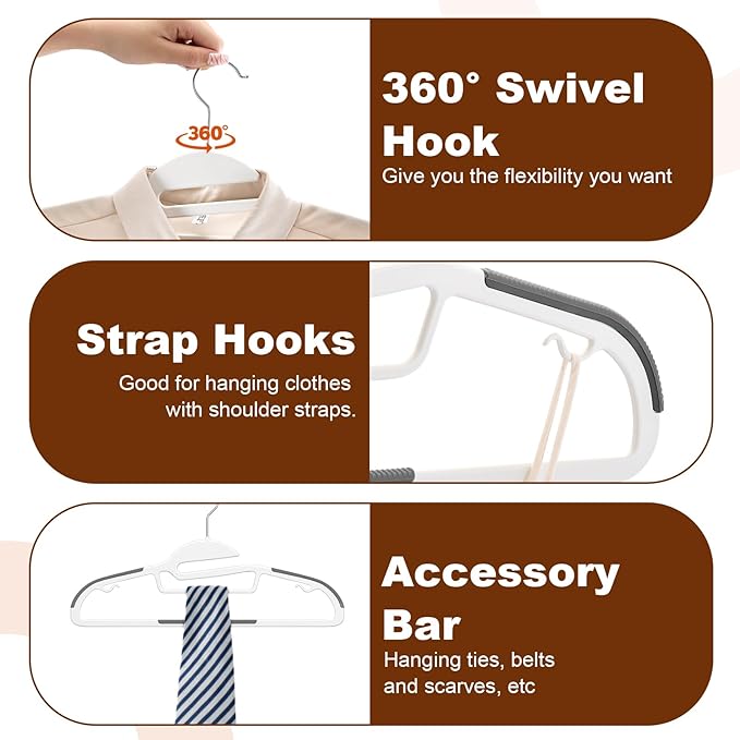 HOUSE DAY White Plastic Hangers 50 Pack, Slim Space Saving, Non Slip Hangers with Rubber Pads, Heavy Duty Coat Hanger for Closet, Prevent Stretching S-Shaped Clothes Hanger for Shirt, Suit, Pants
