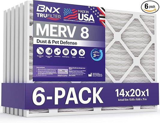 BNX TruFilter 14x20x1 Air Filter MERV 8 (6-Pack) - MADE IN USA – Dust & Pet Defense Electrostatic Pleated Air Conditioner HVAC AC Furnace Filters for Dust, Pet, Mold, Pollen MPR 600 – 700 & FPR 5