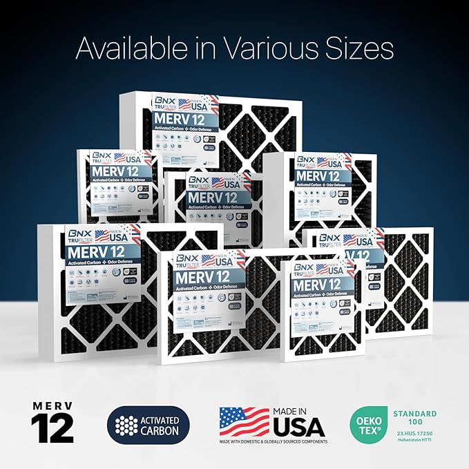 BNX TruFilter 16x25x1 MERV 12 Odor Defense (2-Pack) AC Furnace Air Filter with Activated Carbon - MADE IN USA - Pleated Air Conditioner HVAC AC Furnace Filters - Removes Odor, Mold, Bacteria, Smoke